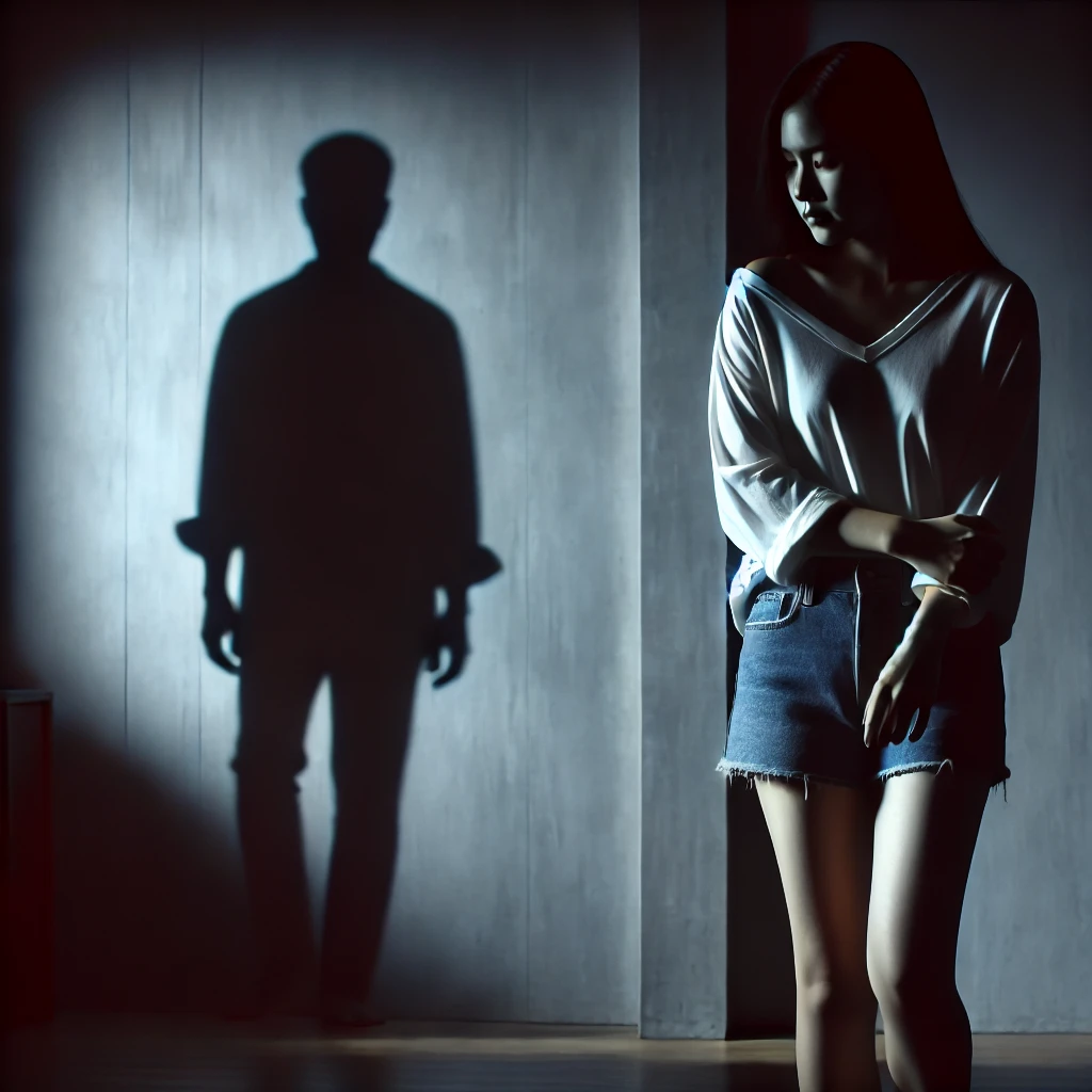 A woman stands in a dimly lit room, looking down with a troubled expression, while the shadow of a man looms on the wall behind her. This image represents control issues, highlighting one of the biggest red flags in a guy.