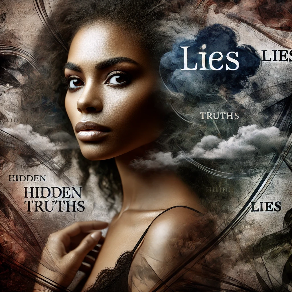 A woman with a serious expression is surrounded by swirling clouds and the words "lies," "hidden truths," and "truths." This image visually represents dishonesty, illustrating one of the biggest red flags in a guy.
