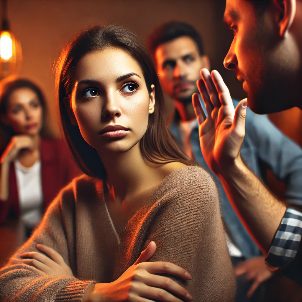 A woman looks visibly upset and defensive as a man gestures towards her aggressively, with others observing the scene. This image underscores disrespectful behavior, illustrating one of the biggest red flags in a guy for the blog post.
