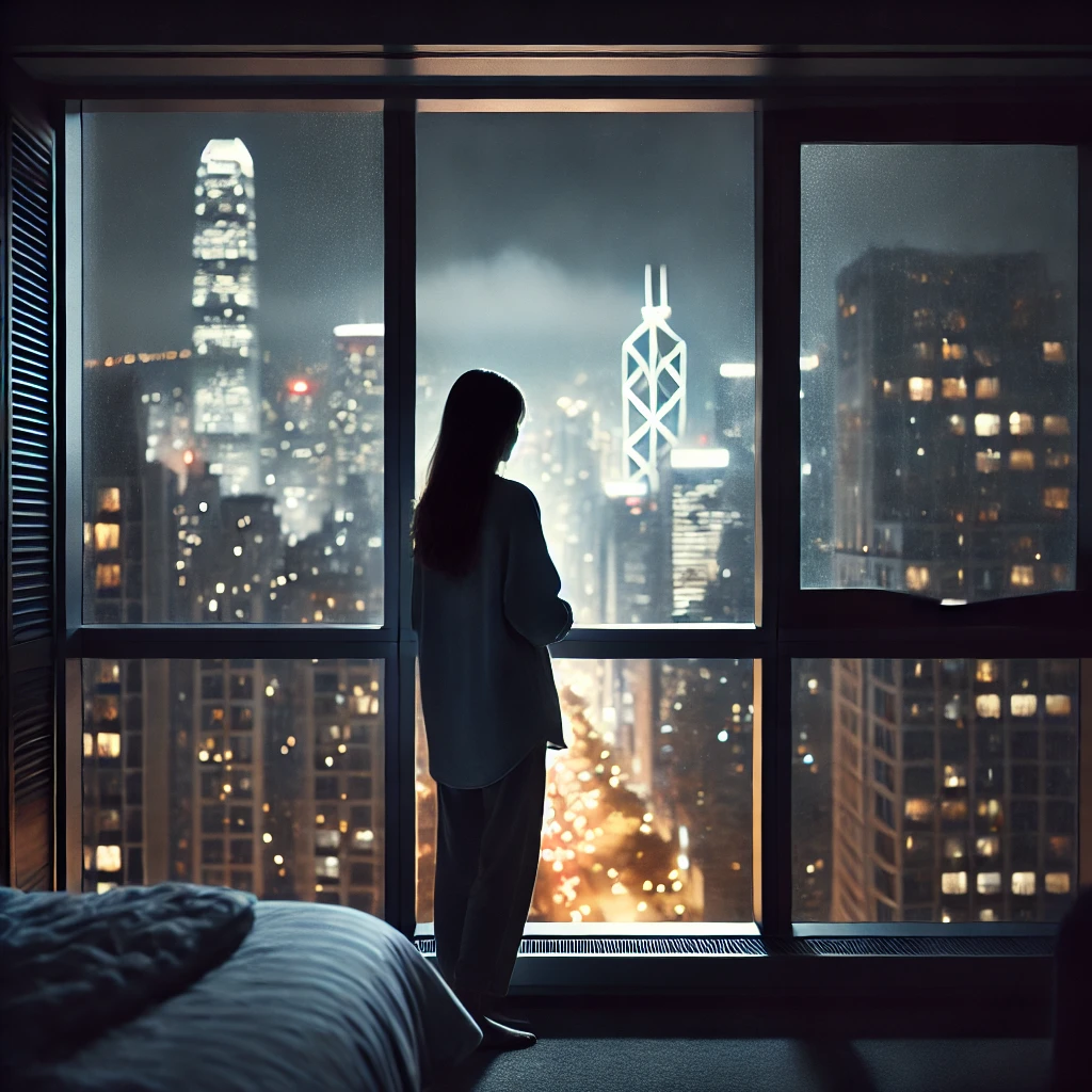 A woman stands alone by a large window at night, overlooking a cityscape with distant lights, evoking a sense of loneliness and contemplation. This image represents emotional unavailability, highlighting one of the biggest red flags in a guy for the blog post.