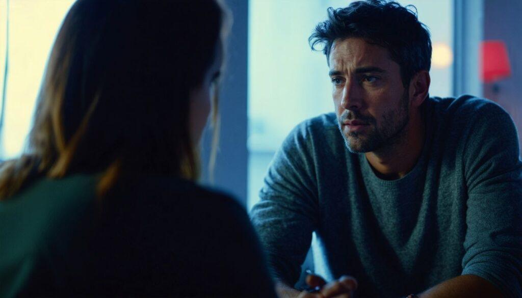 A man looks intently at a woman during a serious conversation, his expression suggesting contemplation or concern. This image highlights inconsistency in behavior, representing one of the biggest red flags in a guy.