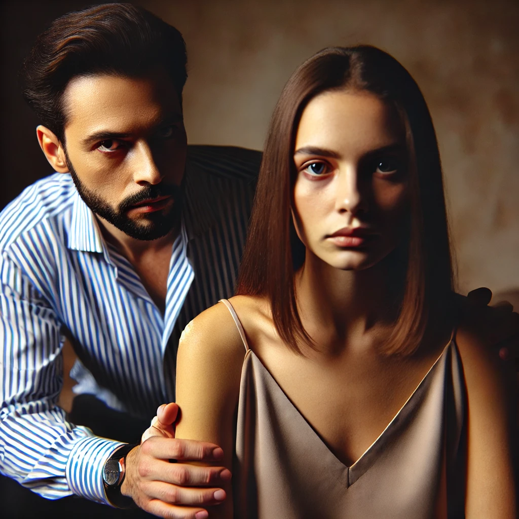 A man with a stern expression grips the shoulder of a woman who looks tense and uncomfortable. This image conveys jealousy and possessiveness, highlighting one of the biggest red flags in a guy.
