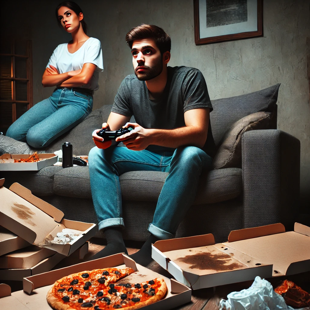 A man is absorbed in playing video games, surrounded by pizza boxes and a messy room, while a woman stands nearby with an exasperated expression. This image highlights a lack of ambition, illustrating one of the biggest red flags in a guy.