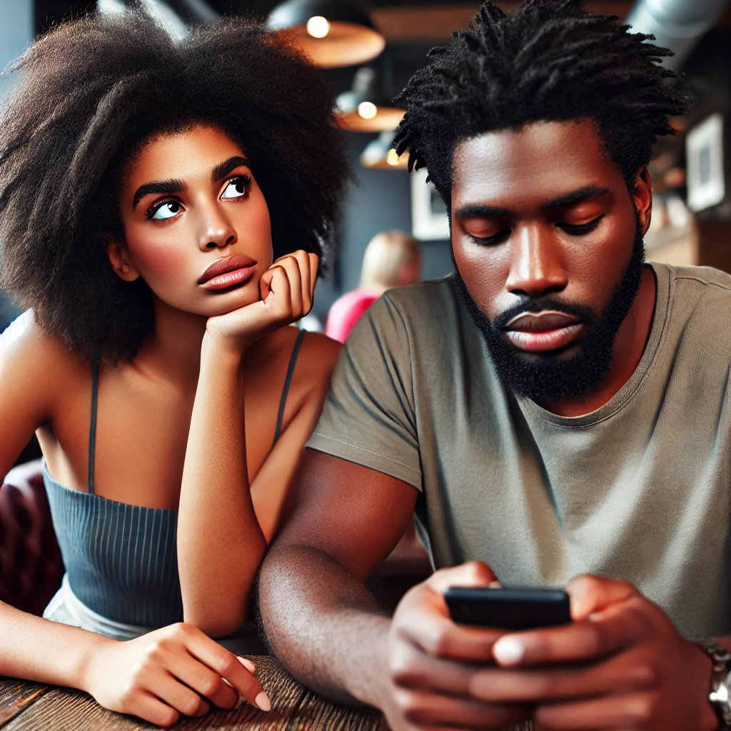 A woman looks frustrated while her partner is engrossed in his phone, highlighting a lack of communication. This image emphasizes one of the biggest red flags in a guy, supporting the blog post's theme on identifying relationship warning signs.
