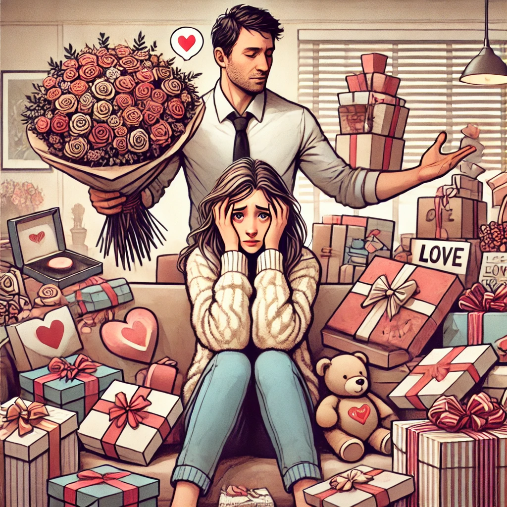 A woman sits on a couch looking overwhelmed and anxious, surrounded by numerous gifts, flowers, and love symbols, while a man stands behind her presenting more gifts. This image depicts love bombing, highlighting one of the biggest red flags in a guy.