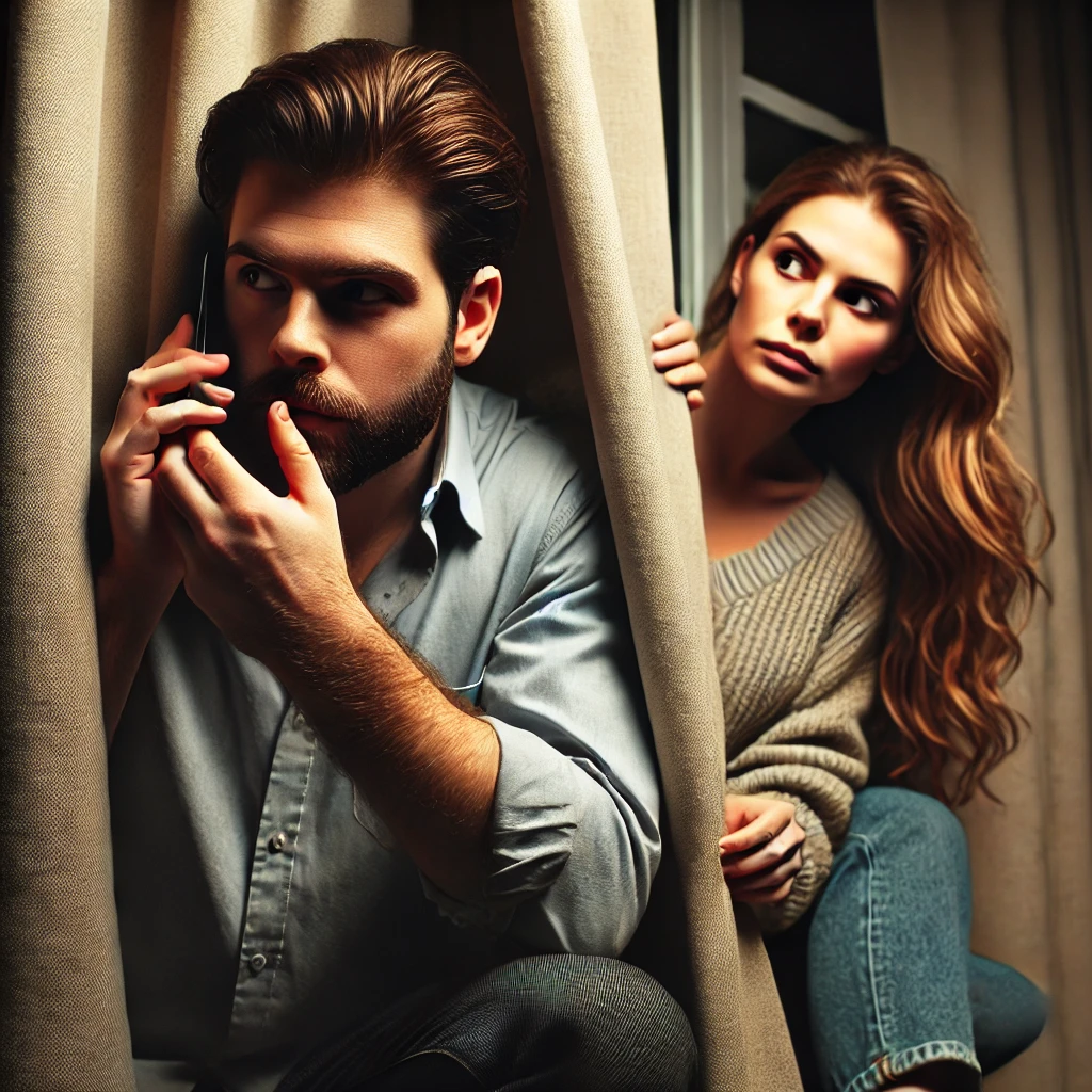 A man talks on his phone while hiding behind a curtain, with a woman peeking suspiciously from behind. This image illustrates secretive behavior, highlighting one of the biggest red flags in a guy.