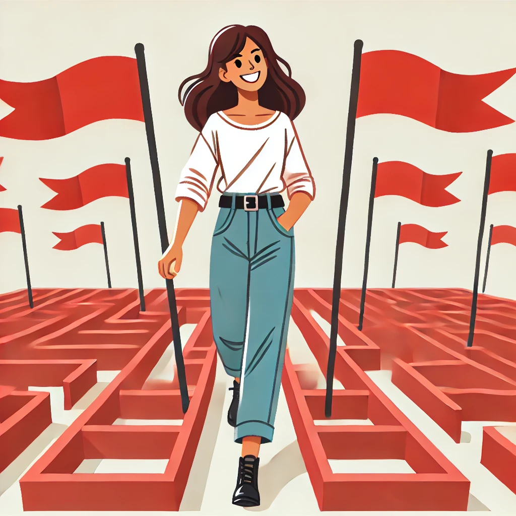 A cheerful woman walks confidently through a maze adorned with red flags, symbolizing navigating and handling warning signs with ease. This image illustrates how to handle red flags like a pro for the blog post.