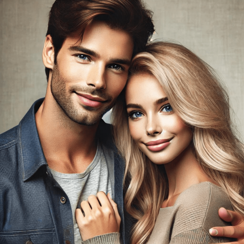 A handsome man and a beautiful blonde woman stand close together, smiling warmly. They look like a loving couple, radiating happiness and affection.